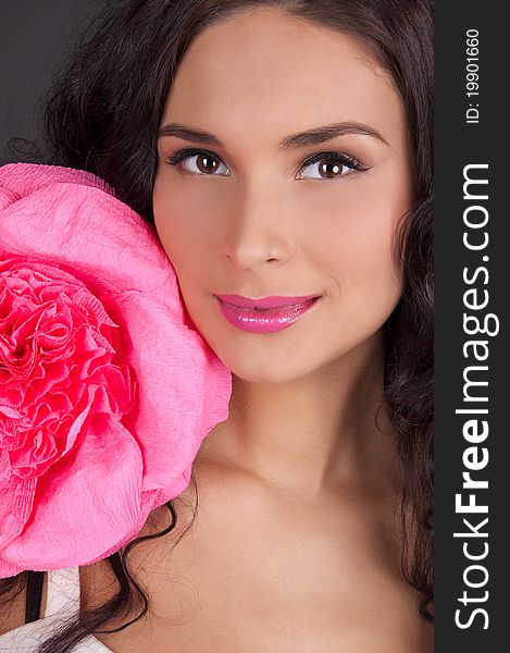 young woman with pink lipstick isolated on black. young woman with pink lipstick isolated on black