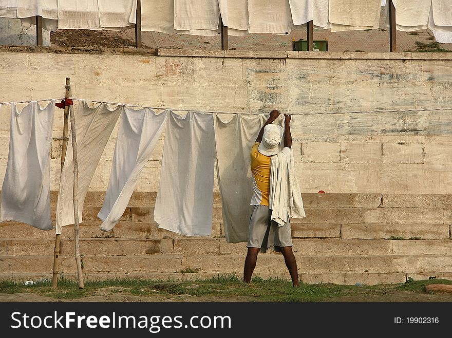 A laundry boy hanging washed towels on a line to dry them in the wind and sun on the banks of the Ganges, Varanasi, India.