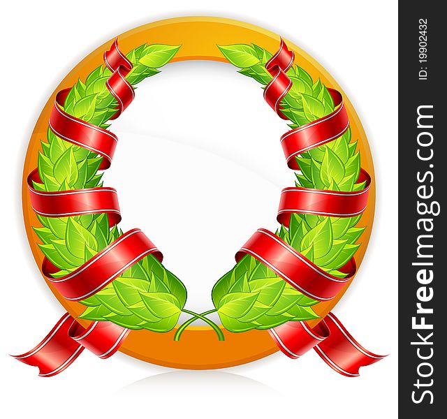 Green laurel wreaths with red ribbon in round isolated on white,  illustration. Green laurel wreaths with red ribbon in round isolated on white,  illustration