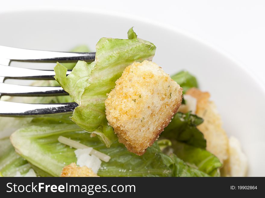 A green salad with croutons and cheese. A green salad with croutons and cheese