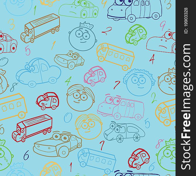 Vector seamless pattern of boy's faces with cars & number