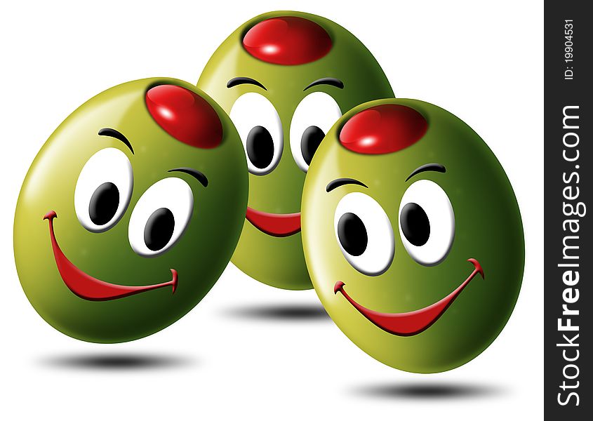 Illustration of 3 smiling green olives, stuffed with tomato or chili. Illustration of 3 smiling green olives, stuffed with tomato or chili