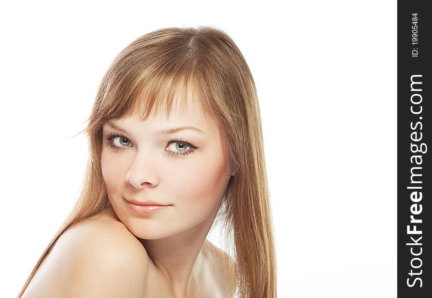 Blonde girl looking at camera, isolated on a white