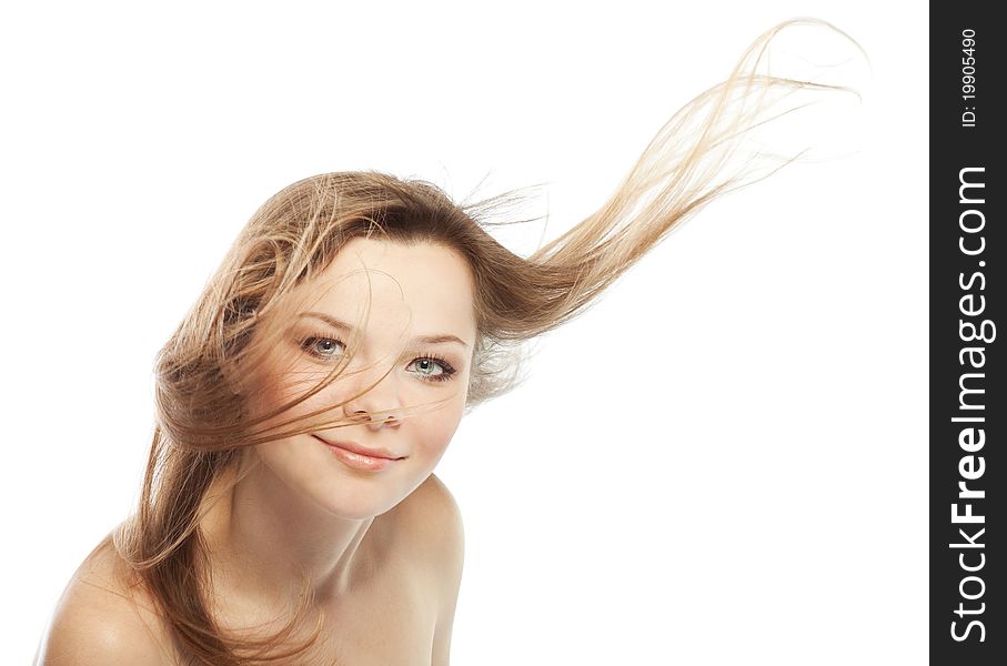 Blonde girl looking at camera, isolated on a white