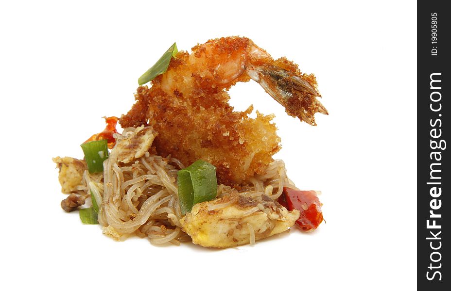 Fried prawn with noodle and spring onion
