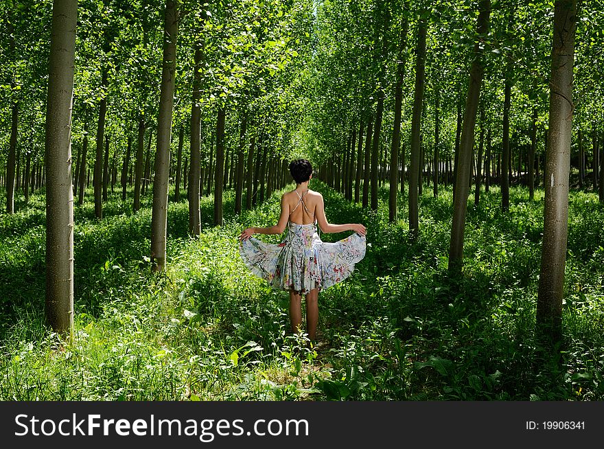 A woman dancing between trees wearing a dress. A woman dancing between trees wearing a dress