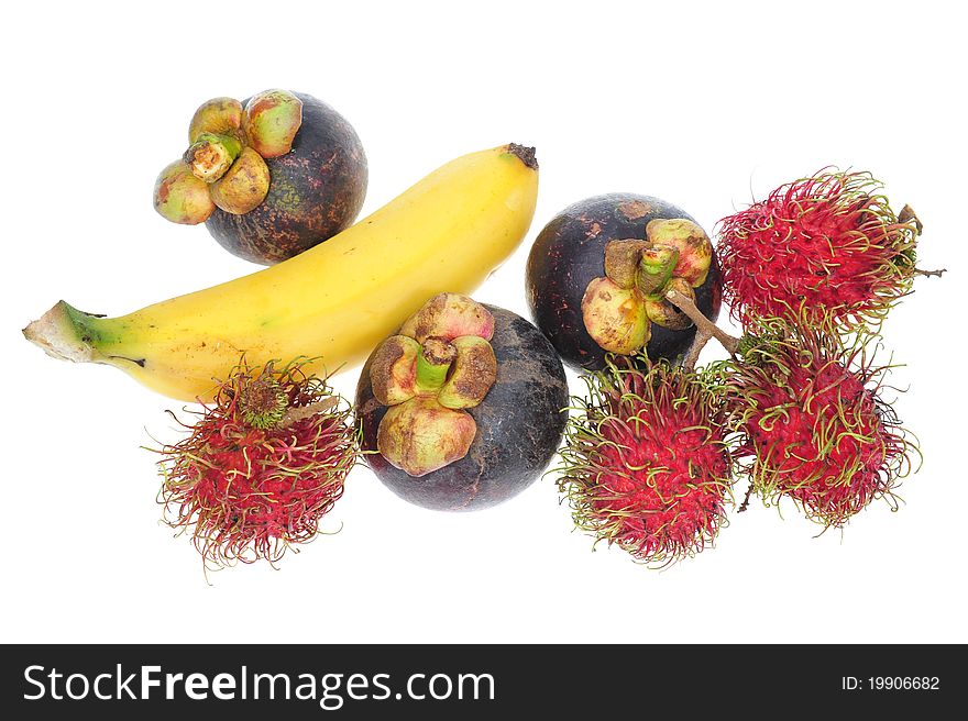 Assortment Of Tropical Fruits Consisting Of Banana, Mangosteen And Rambutan