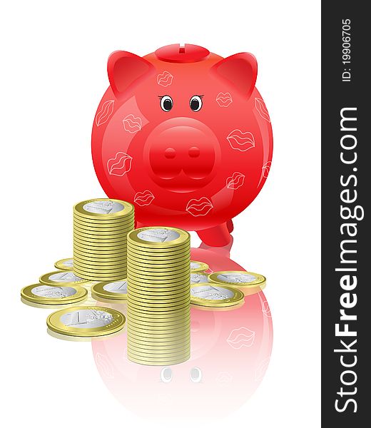 Piggy moneybox with money on the white background