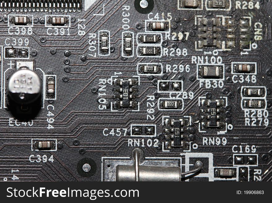 Some mainboard transistors and electric circuit board elements. Some mainboard transistors and electric circuit board elements