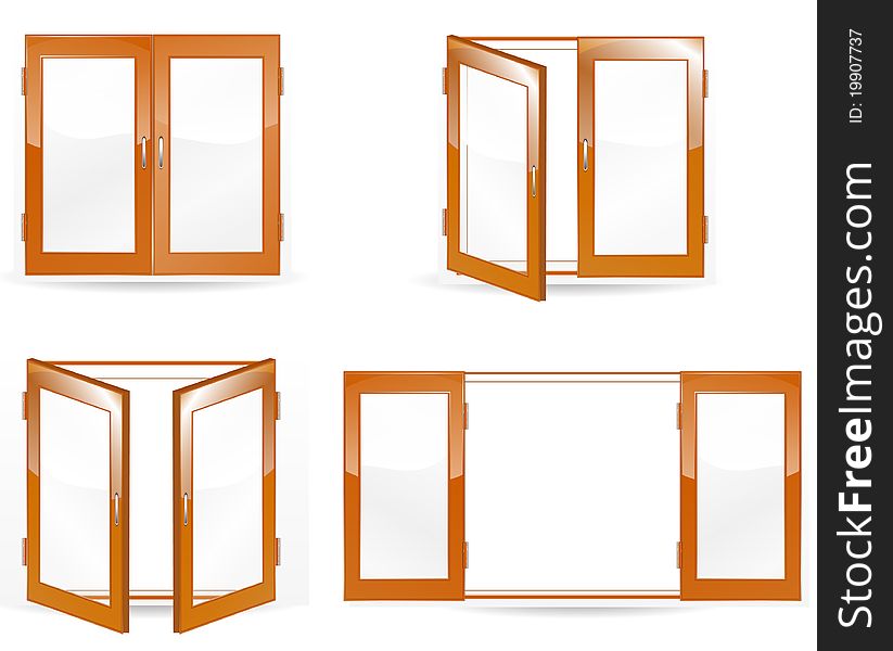 Set of open and close brown windows isolated on white