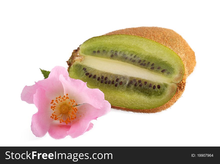 Kiwifruit in the section on white background