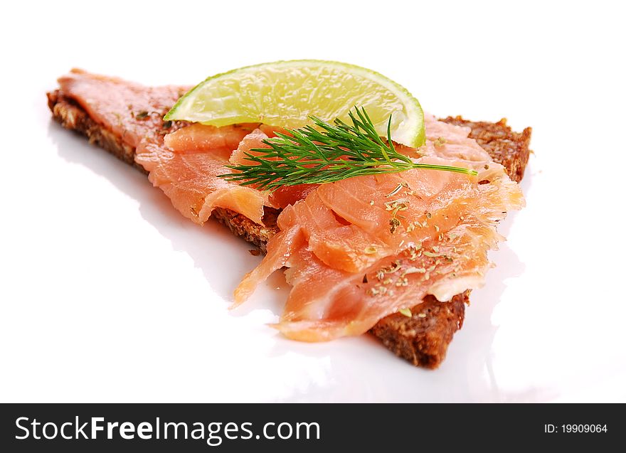 Fresh salmon sandwich on white background