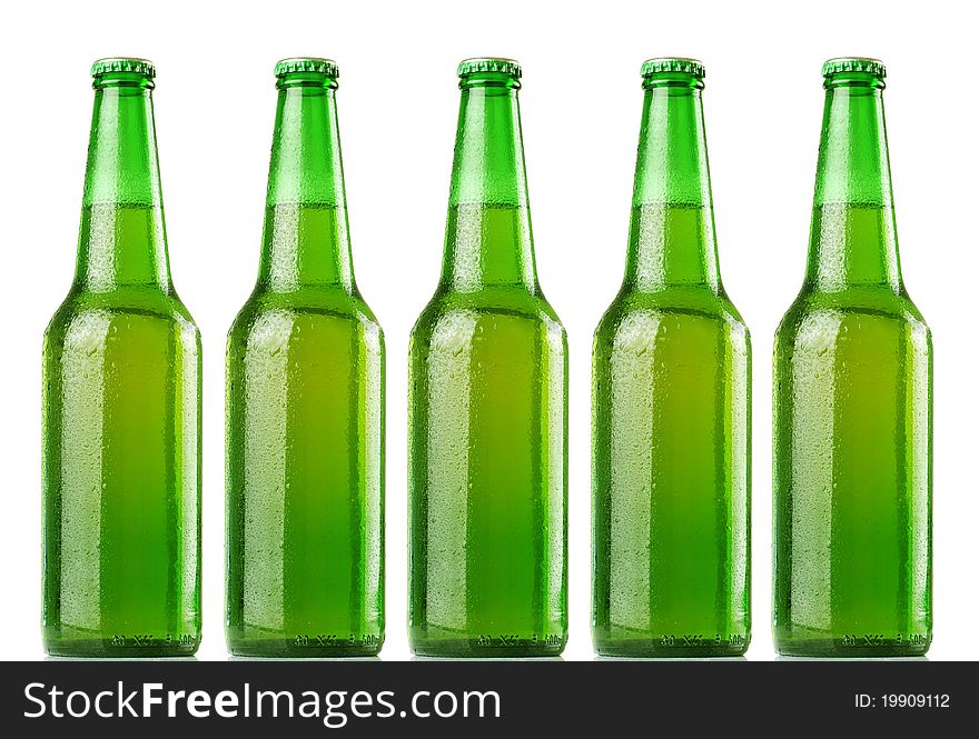 Green beer bottles set isolated on a white background
