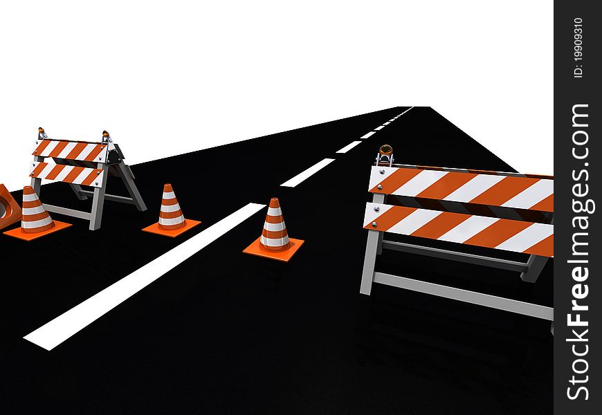 Orange road cones and barriers on a road 3d