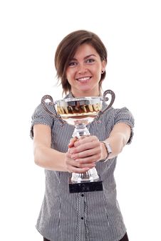 Business Woman Showing Her Big Trophy Stock Photos