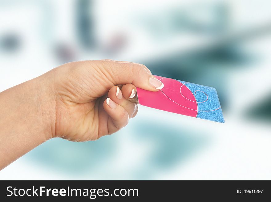 Corporate card in women hand. Corporate card in women hand