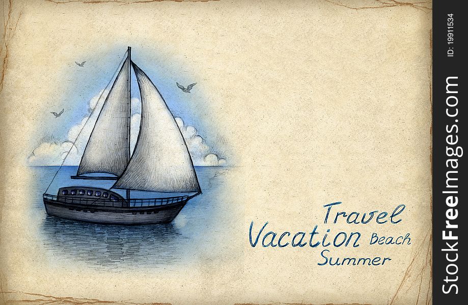 Card with illustration of sailing boat