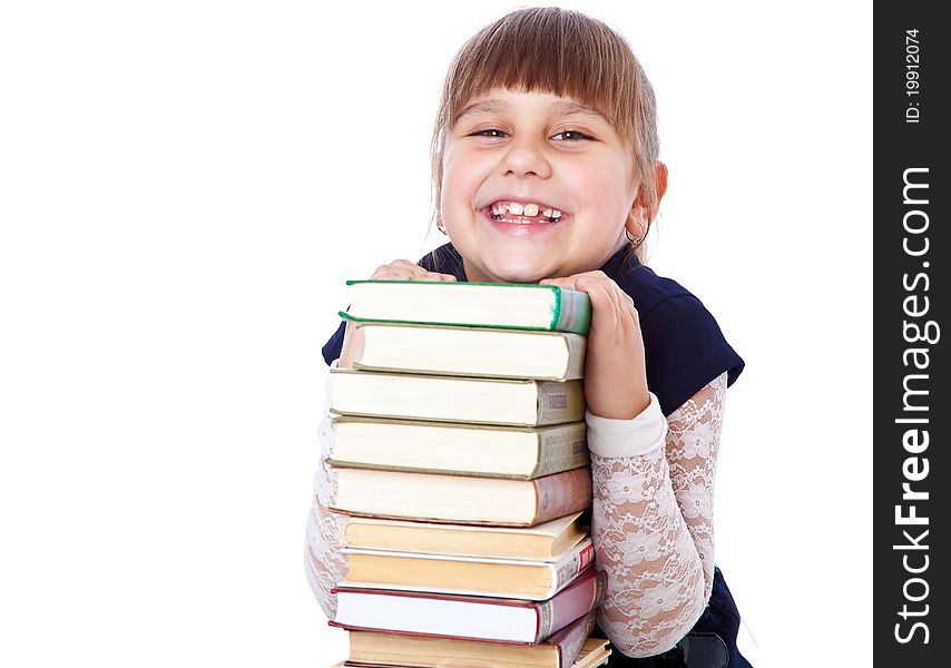 Schoolgirl with books. Isolated on white background. Schoolgirl with books. Isolated on white background