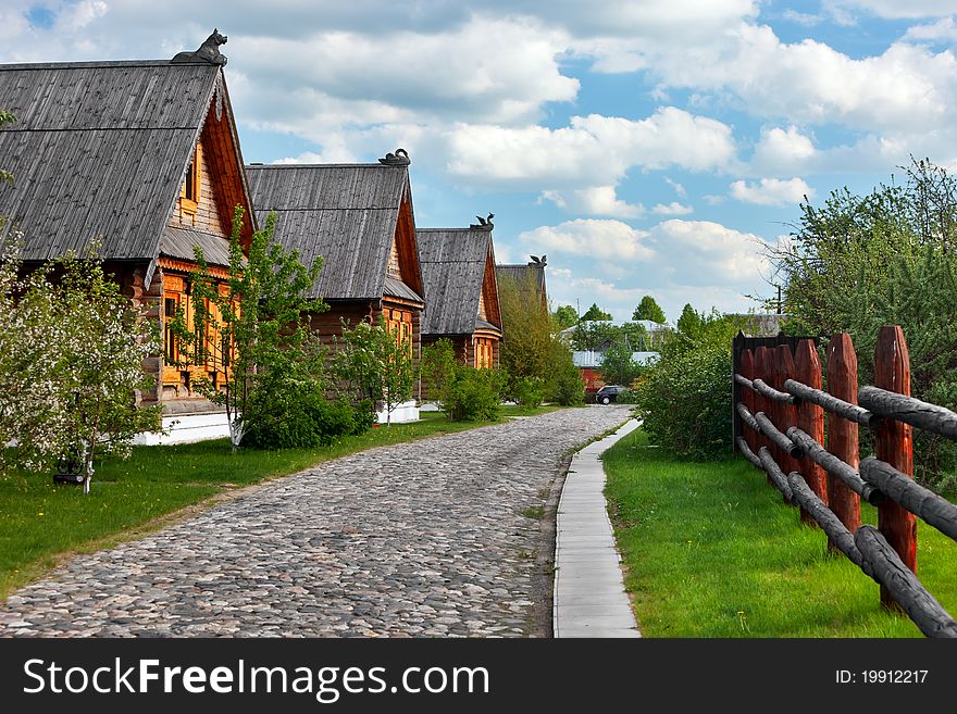 Traditional russian wooden houses in spring.