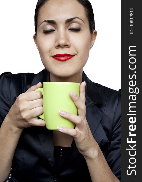 Happy businesswoman with a green cup