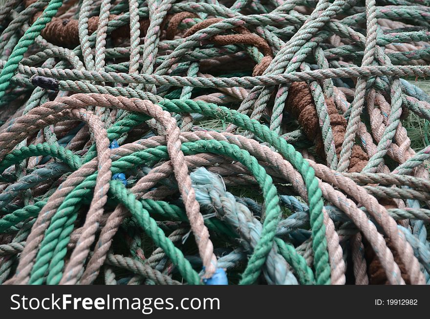 Coloured fishing rope in a tangle