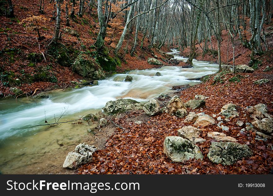 Rapid river stream among mountain autumn forest. Rapid river stream among mountain autumn forest