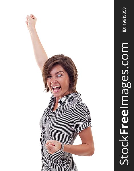 Picture of a very happy business woman winning over white