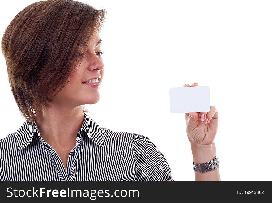 Beautiful young girl with a blank card on white background