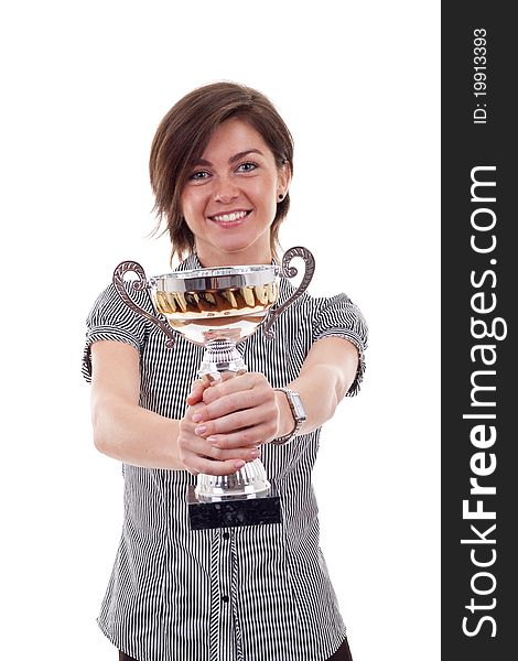 Business woman showing her big trophy