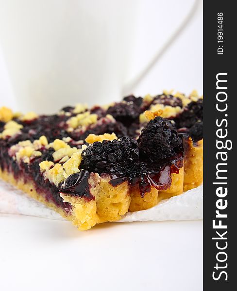 Blackberry pie. Close up on white background