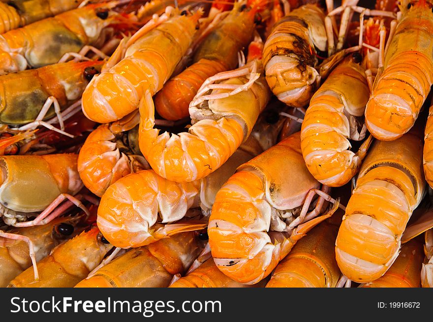 Fresh large Prawn / shrimp in a market stand