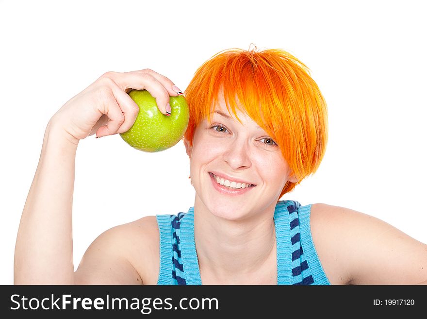 Smiling red hair woman with apple looking at camera