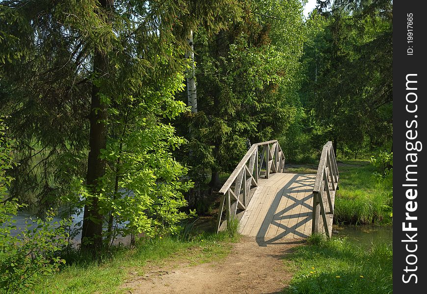 Wooden bridge in the park on summer day