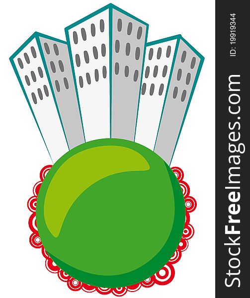 Illustration of a skyscraper on green sphere