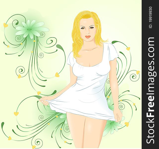 Young beautiful girl in a white dress.Behind her, the green background of floral patterns.Illustration done on separate layers. Young beautiful girl in a white dress.Behind her, the green background of floral patterns.Illustration done on separate layers.