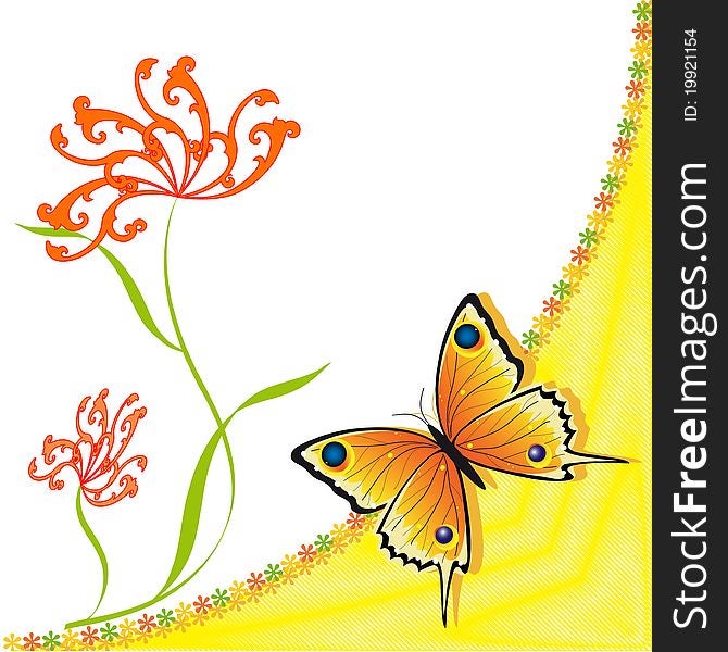 Abstract flower and the orange butterfly. Abstract flower and the orange butterfly