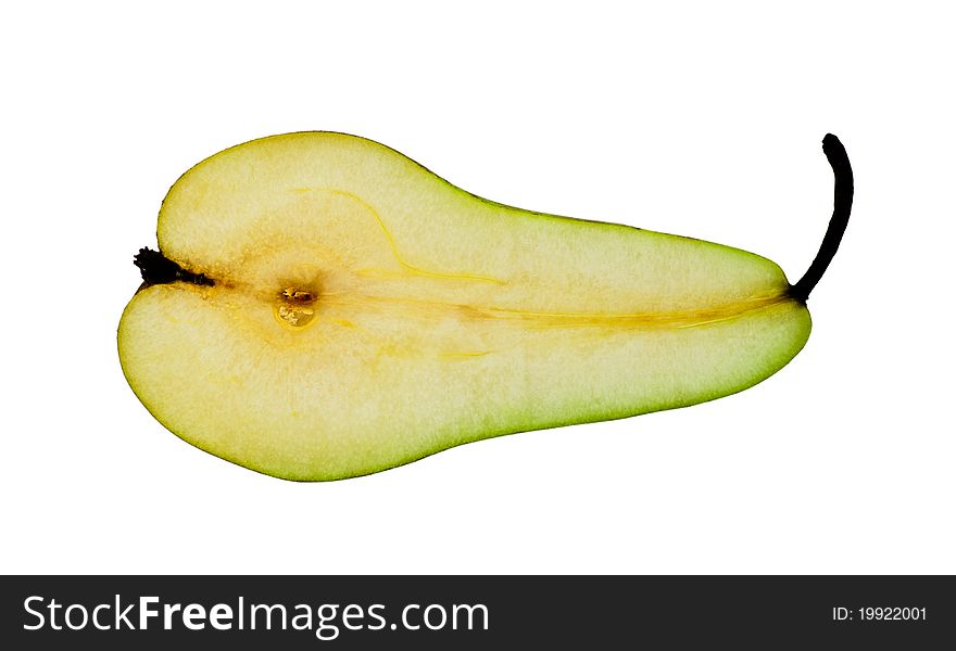 Half of a pear against a white background