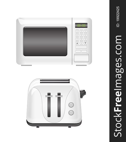 White microwave and toaster isolated over white background