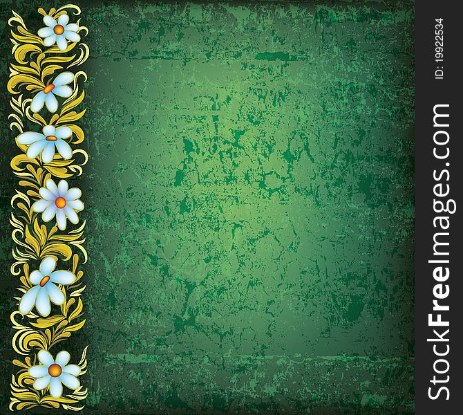 Abstract grunge floral ornament with flowers on green