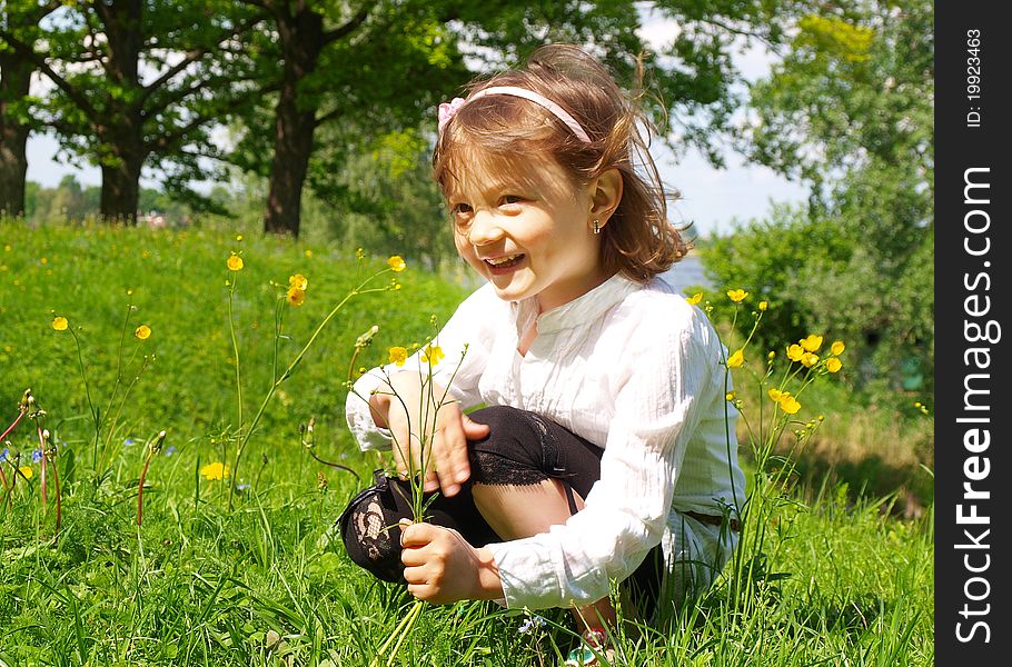 Girl picking flowers, in the summeer park