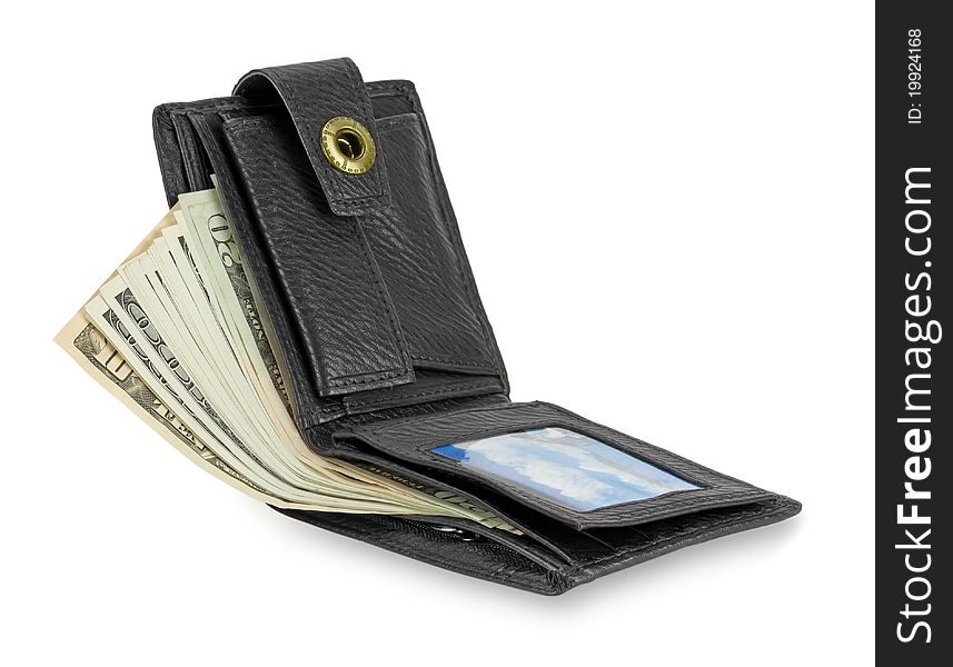 Black leather wallet with money isolated on white background