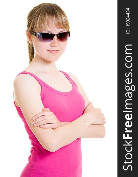 Teen in sunglasses on white background.