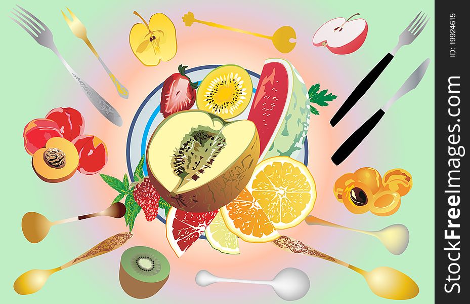 Fruit pieces on table illustration