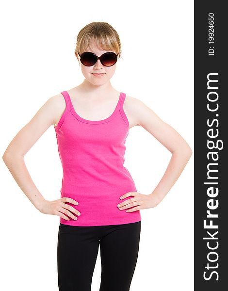 Teen in sunglasses on white background.