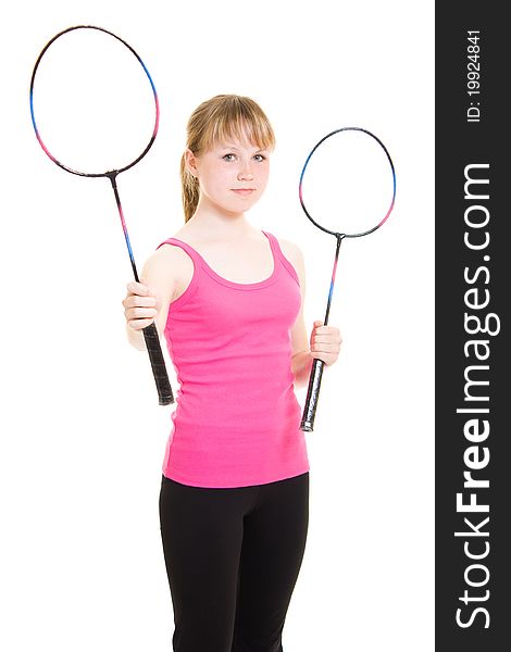 Girl with a racket on a white background.