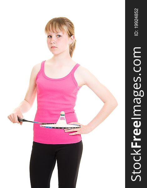 Girl with a racket on a white background.