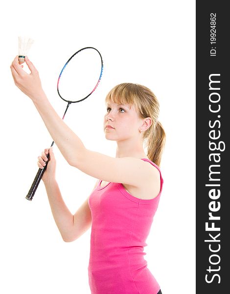 Girl with a racket on a white background.