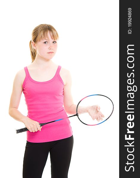 Girl with a racket on a white background.