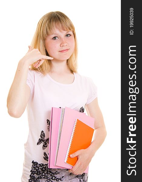 Teenager with books on white background.