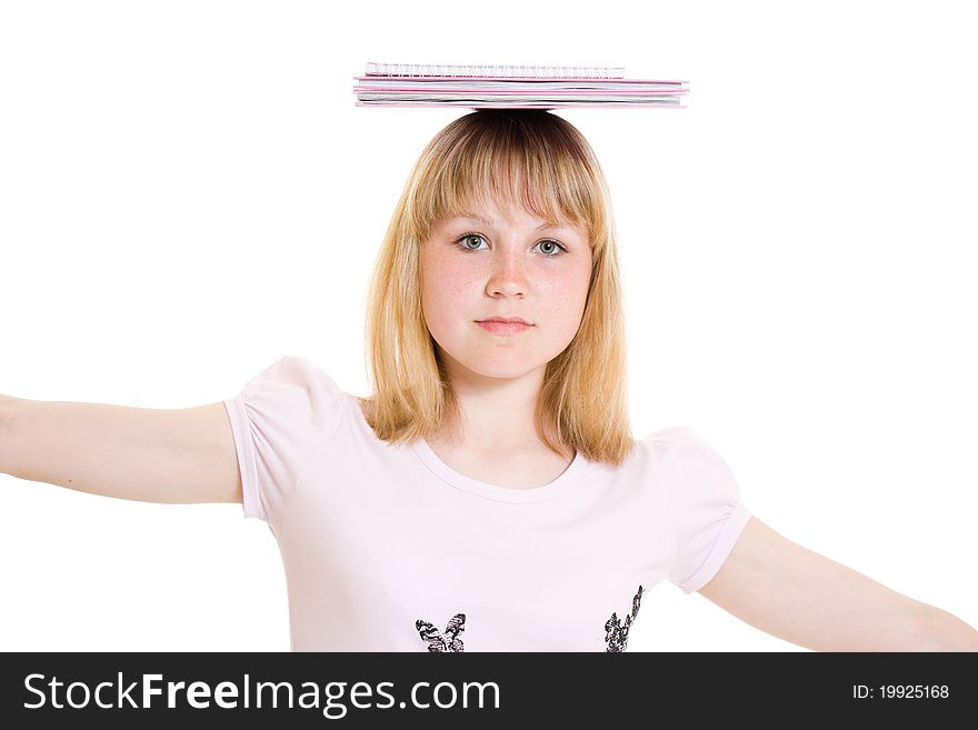 Girl with books on white background.